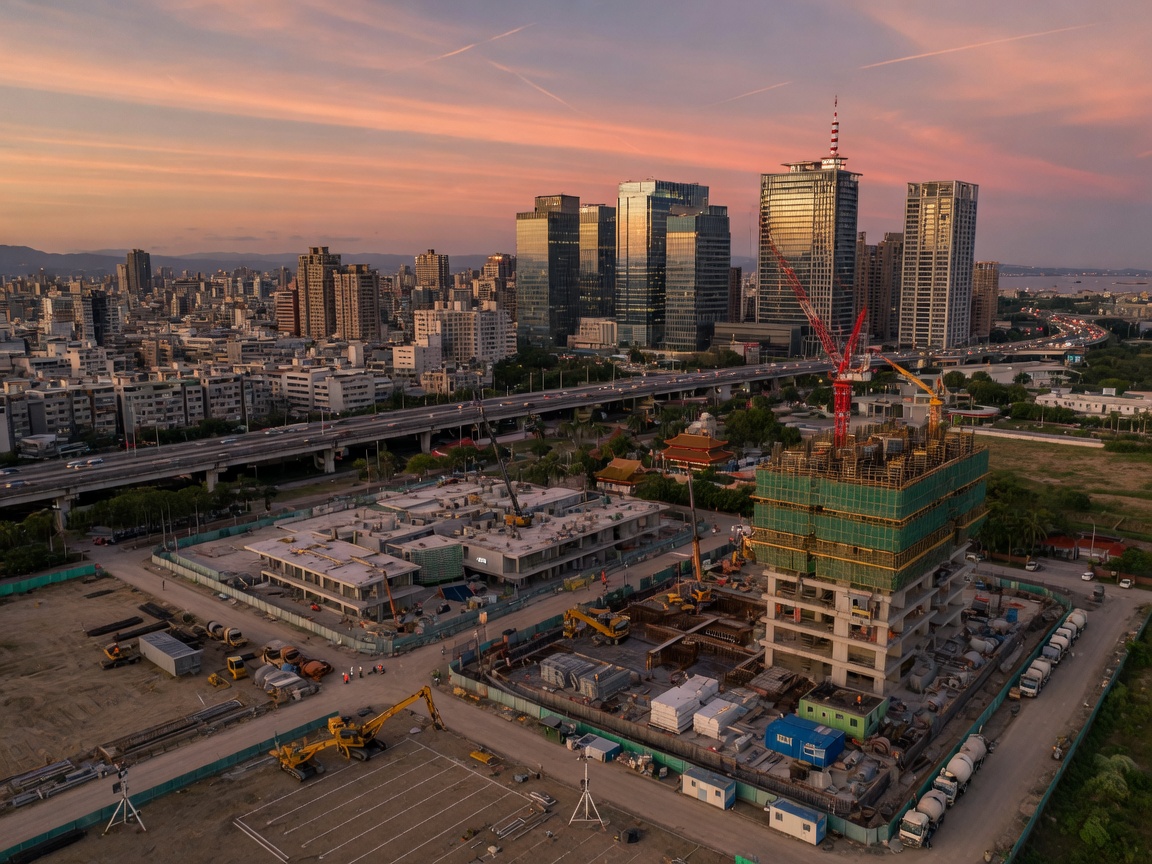 城市工地群與天際線空拍示意
